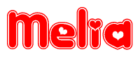   The image is a red and white graphic with the word Melia written in a decorative script. Each letter in  is contained within its own outlined bubble-like shape. Inside each letter, there is a white heart symbol. 