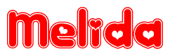 The image is a red and white graphic with the word Melida written in a decorative script. Each letter in  is contained within its own outlined bubble-like shape. Inside each letter, there is a white heart symbol.
