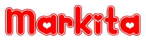 The image is a red and white graphic with the word Markita written in a decorative script. Each letter in  is contained within its own outlined bubble-like shape. Inside each letter, there is a white heart symbol.