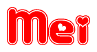 The image is a clipart featuring the word Mei written in a stylized font with a heart shape replacing inserted into the center of each letter. The color scheme of the text and hearts is red with a light outline.