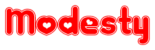 The image is a clipart featuring the word Modesty written in a stylized font with a heart shape replacing inserted into the center of each letter. The color scheme of the text and hearts is red with a light outline.