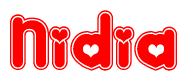 The image is a red and white graphic with the word Nidia written in a decorative script. Each letter in  is contained within its own outlined bubble-like shape. Inside each letter, there is a white heart symbol.