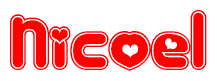 The image is a red and white graphic with the word Nicoel written in a decorative script. Each letter in  is contained within its own outlined bubble-like shape. Inside each letter, there is a white heart symbol.