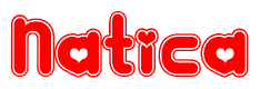 The image is a red and white graphic with the word Natica written in a decorative script. Each letter in  is contained within its own outlined bubble-like shape. Inside each letter, there is a white heart symbol.
