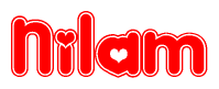 The image is a clipart featuring the word Nilam written in a stylized font with a heart shape replacing inserted into the center of each letter. The color scheme of the text and hearts is red with a light outline.