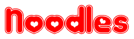 The image is a clipart featuring the word Noodles written in a stylized font with a heart shape replacing inserted into the center of each letter. The color scheme of the text and hearts is red with a light outline.