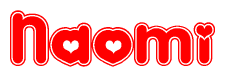 The image is a clipart featuring the word Naomi written in a stylized font with a heart shape replacing inserted into the center of each letter. The color scheme of the text and hearts is red with a light outline.