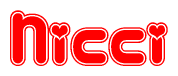 The image is a red and white graphic with the word Nicci written in a decorative script. Each letter in  is contained within its own outlined bubble-like shape. Inside each letter, there is a white heart symbol.