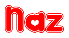 The image is a red and white graphic with the word Naz written in a decorative script. Each letter in  is contained within its own outlined bubble-like shape. Inside each letter, there is a white heart symbol.