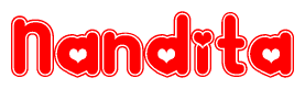 The image is a clipart featuring the word Nandita written in a stylized font with a heart shape replacing inserted into the center of each letter. The color scheme of the text and hearts is red with a light outline.