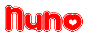 The image is a clipart featuring the word Nuno written in a stylized font with a heart shape replacing inserted into the center of each letter. The color scheme of the text and hearts is red with a light outline.