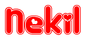 The image is a clipart featuring the word Nekil written in a stylized font with a heart shape replacing inserted into the center of each letter. The color scheme of the text and hearts is red with a light outline.