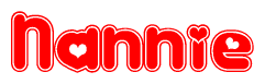 The image is a red and white graphic with the word Nannie written in a decorative script. Each letter in  is contained within its own outlined bubble-like shape. Inside each letter, there is a white heart symbol.
