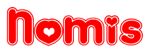 The image displays the word Nomis written in a stylized red font with hearts inside the letters.