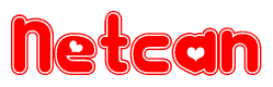 The image is a clipart featuring the word Netcan written in a stylized font with a heart shape replacing inserted into the center of each letter. The color scheme of the text and hearts is red with a light outline.