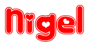 The image is a clipart featuring the word Nigel written in a stylized font with a heart shape replacing inserted into the center of each letter. The color scheme of the text and hearts is red with a light outline.
