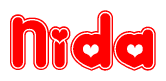 The image is a red and white graphic with the word Nida written in a decorative script. Each letter in  is contained within its own outlined bubble-like shape. Inside each letter, there is a white heart symbol.