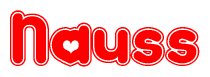 The image is a red and white graphic with the word Nauss written in a decorative script. Each letter in  is contained within its own outlined bubble-like shape. Inside each letter, there is a white heart symbol.