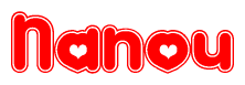 The image is a clipart featuring the word Nanou written in a stylized font with a heart shape replacing inserted into the center of each letter. The color scheme of the text and hearts is red with a light outline.