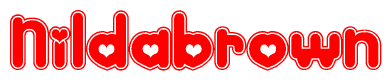 The image is a red and white graphic with the word Nildabrown written in a decorative script. Each letter in  is contained within its own outlined bubble-like shape. Inside each letter, there is a white heart symbol.