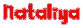 The image is a red and white graphic with the word Nataliya written in a decorative script. Each letter in  is contained within its own outlined bubble-like shape. Inside each letter, there is a white heart symbol.
