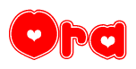 The image is a clipart featuring the word Ora written in a stylized font with a heart shape replacing inserted into the center of each letter. The color scheme of the text and hearts is red with a light outline.