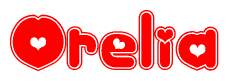 The image is a red and white graphic with the word Orelia written in a decorative script. Each letter in  is contained within its own outlined bubble-like shape. Inside each letter, there is a white heart symbol.