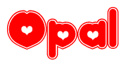 The image is a clipart featuring the word Opal written in a stylized font with a heart shape replacing inserted into the center of each letter. The color scheme of the text and hearts is red with a light outline.