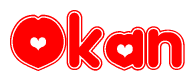 The image is a red and white graphic with the word Okan written in a decorative script. Each letter in  is contained within its own outlined bubble-like shape. Inside each letter, there is a white heart symbol.