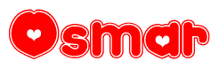 The image is a red and white graphic with the word Osmar written in a decorative script. Each letter in  is contained within its own outlined bubble-like shape. Inside each letter, there is a white heart symbol.