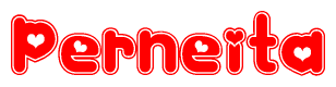 The image is a red and white graphic with the word Perneita written in a decorative script. Each letter in  is contained within its own outlined bubble-like shape. Inside each letter, there is a white heart symbol.
