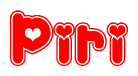The image displays the word Piri written in a stylized red font with hearts inside the letters.