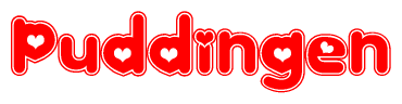 The image is a red and white graphic with the word Puddingen written in a decorative script. Each letter in  is contained within its own outlined bubble-like shape. Inside each letter, there is a white heart symbol.