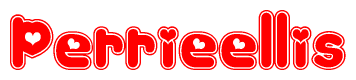 The image is a red and white graphic with the word Perrieellis written in a decorative script. Each letter in  is contained within its own outlined bubble-like shape. Inside each letter, there is a white heart symbol.