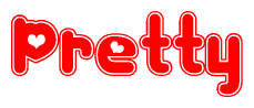 The image is a clipart featuring the word Pretty written in a stylized font with a heart shape replacing inserted into the center of each letter. The color scheme of the text and hearts is red with a light outline.