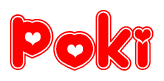 The image displays the word Poki written in a stylized red font with hearts inside the letters.