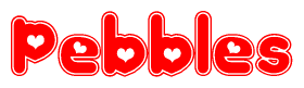 The image displays the word Pebbles written in a stylized red font with hearts inside the letters.