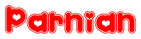 The image is a clipart featuring the word Parnian written in a stylized font with a heart shape replacing inserted into the center of each letter. The color scheme of the text and hearts is red with a light outline.