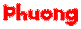 The image is a red and white graphic with the word Phuong written in a decorative script. Each letter in  is contained within its own outlined bubble-like shape. Inside each letter, there is a white heart symbol.