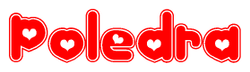 The image is a red and white graphic with the word Poledra written in a decorative script. Each letter in  is contained within its own outlined bubble-like shape. Inside each letter, there is a white heart symbol.