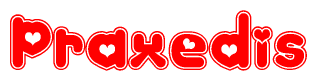 The image is a red and white graphic with the word Praxedis written in a decorative script. Each letter in  is contained within its own outlined bubble-like shape. Inside each letter, there is a white heart symbol.
