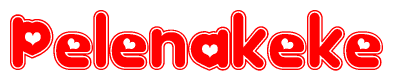 The image is a red and white graphic with the word Pelenakeke written in a decorative script. Each letter in  is contained within its own outlined bubble-like shape. Inside each letter, there is a white heart symbol.