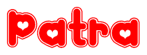 The image is a clipart featuring the word Patra written in a stylized font with a heart shape replacing inserted into the center of each letter. The color scheme of the text and hearts is red with a light outline.