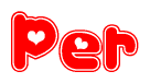 The image is a red and white graphic with the word Per written in a decorative script. Each letter in  is contained within its own outlined bubble-like shape. Inside each letter, there is a white heart symbol.