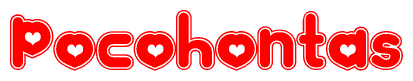   The image is a clipart featuring the word Pocohontas written in a stylized font with a heart shape replacing inserted into the center of each letter. The color scheme of the text and hearts is red with a light outline. 