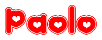 The image is a red and white graphic with the word Paolo written in a decorative script. Each letter in  is contained within its own outlined bubble-like shape. Inside each letter, there is a white heart symbol.