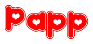 The image is a red and white graphic with the word Papp written in a decorative script. Each letter in  is contained within its own outlined bubble-like shape. Inside each letter, there is a white heart symbol.