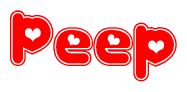 The image is a red and white graphic with the word Peep written in a decorative script. Each letter in  is contained within its own outlined bubble-like shape. Inside each letter, there is a white heart symbol.