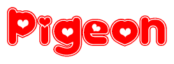The image displays the word Pigeon written in a stylized red font with hearts inside the letters.