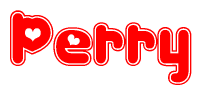 The image is a red and white graphic with the word Perry written in a decorative script. Each letter in  is contained within its own outlined bubble-like shape. Inside each letter, there is a white heart symbol.